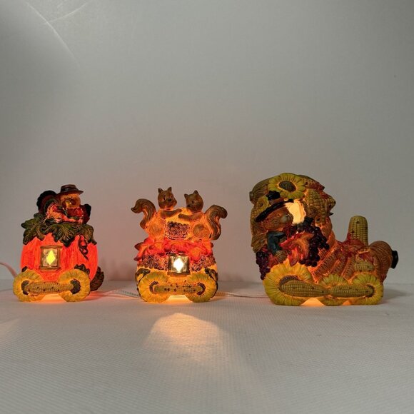 Vintage Ceramic Light-Up Train Set Autumn Harvest Fall Cornucopia Squirrels 3 pc - Picture 1 of 16